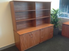 Micro MVE 25 Credenza 1800 L. 2 Hinged Doors. 2 Lateral File Drawers. Overhead Bookcase Unit. Polished Timber Veneer